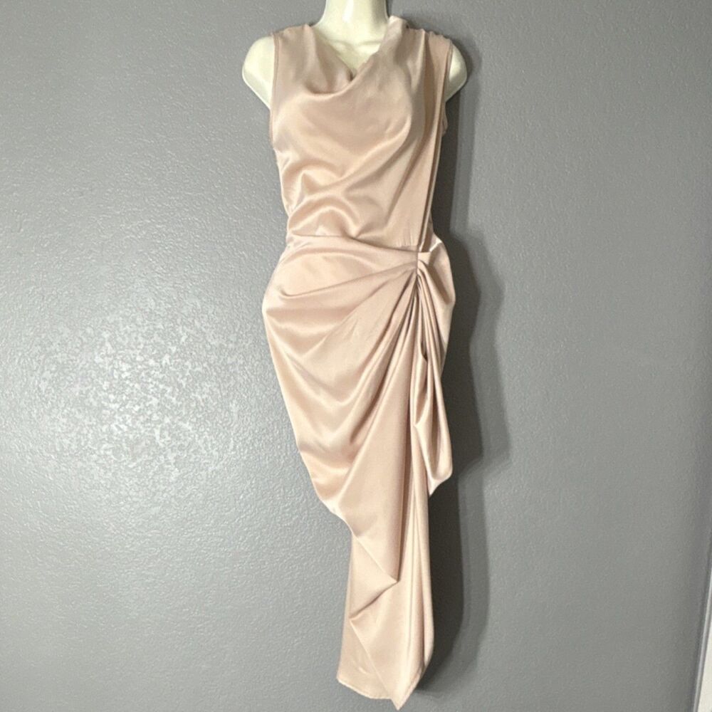 Champagne Satin Asymmetrical Ruched Draped Midi Bodycon Dress Sleeveless